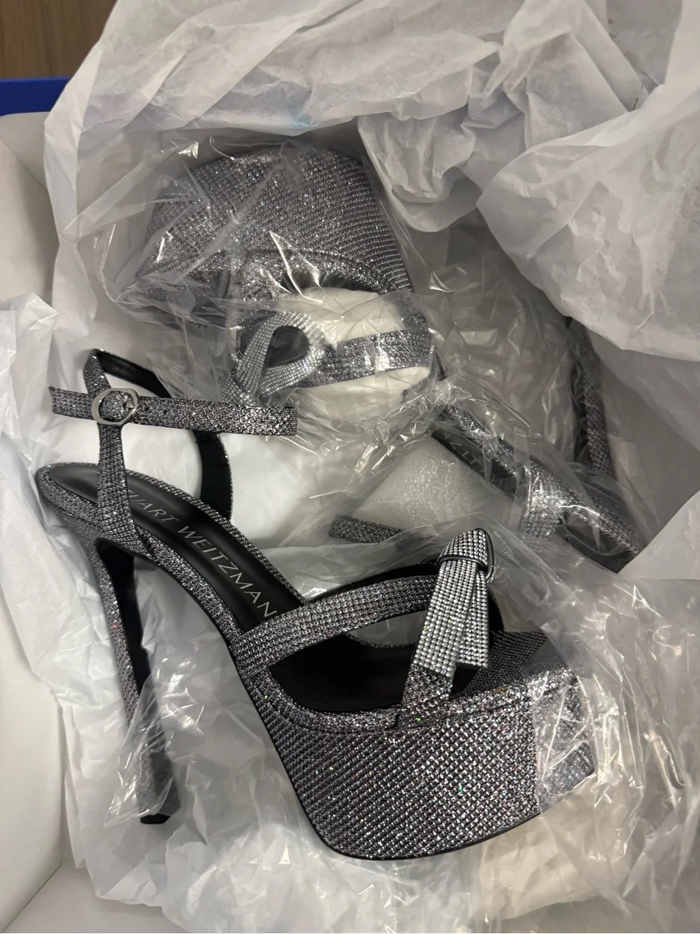 Stuart Weitzman Mega Bow Glitter Platform Ankle-Strap Sandals